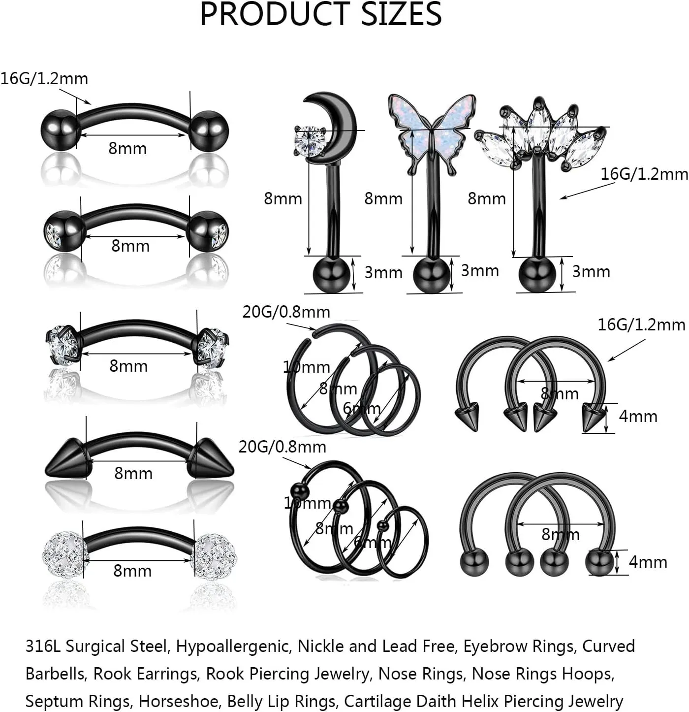YACHY 18Pcs 16G Eyebrow Piercing Jewelry for Women Men, Rings Rook Earrings Curved Barbells Cartilage Daith Helix Tragus Body Piercings Belly Lip Ring