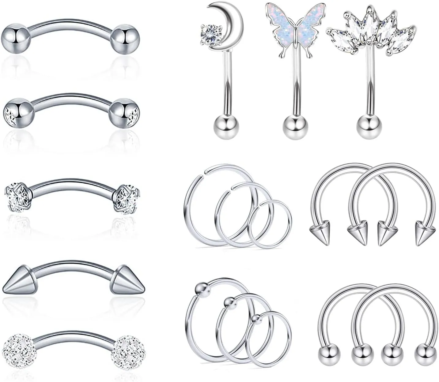YACHY 18Pcs 16G Eyebrow Piercing Jewelry for Women Men, Rings Rook Earrings Curved Barbells Cartilage Daith Helix Tragus Body Piercings Belly Lip Ring