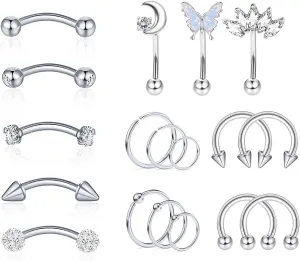 YACHY 18Pcs 16G Eyebrow Piercing Jewelry for Women Men, Rings Rook Earrings Curved Barbells Cartilage Daith Helix Tragus Body Piercings Belly Lip Ring