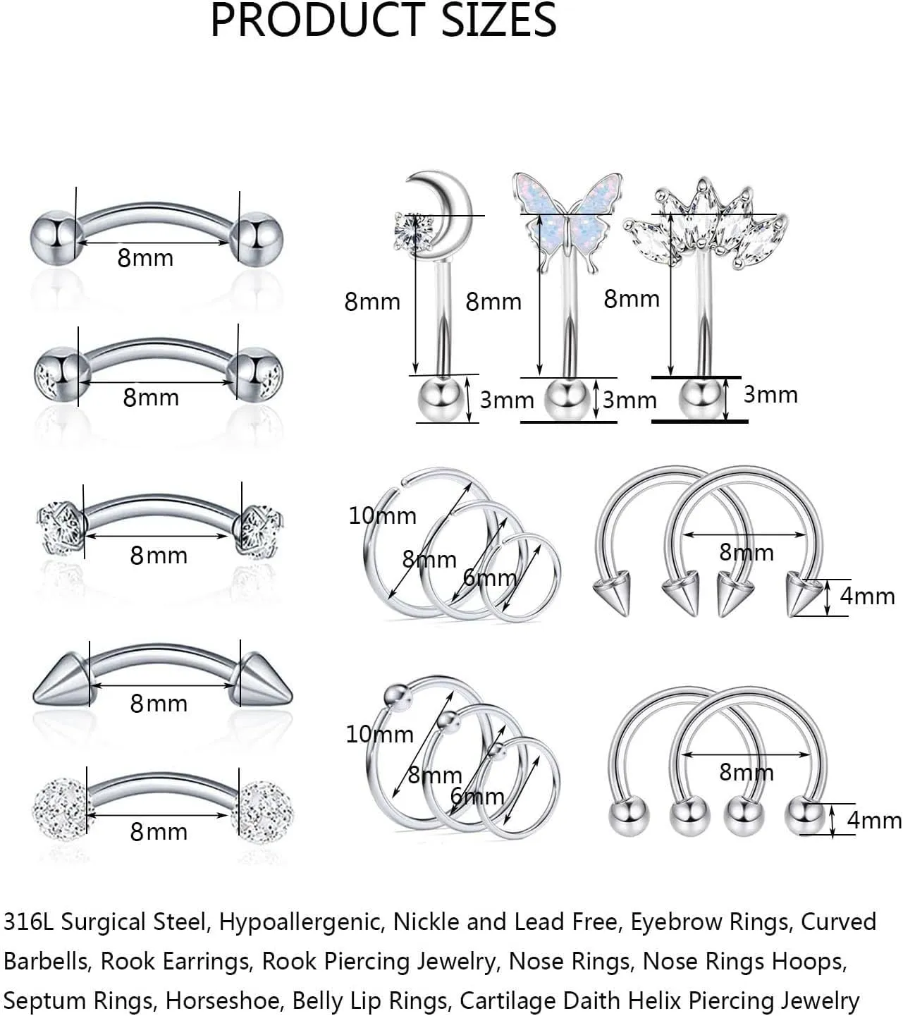 YACHY 18Pcs 16G Eyebrow Piercing Jewelry for Women Men, Rings Rook Earrings Curved Barbells Cartilage Daith Helix Tragus Body Piercings Belly Lip Ring