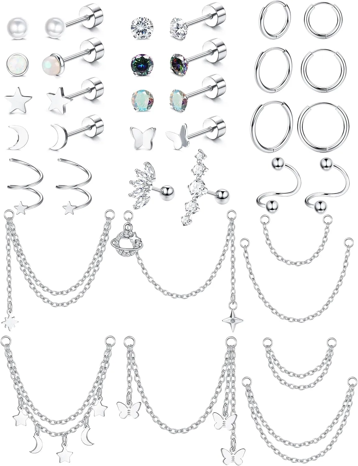 YADOCA 20G Hypoallergenic Helix Earrings For Women Surgical Steel Helix Piercing Jewelry Flat Back Stud Earrings Small Hoop Earrings Dangle with Chain Cartilage Helix Tragus Piercing Jewelry