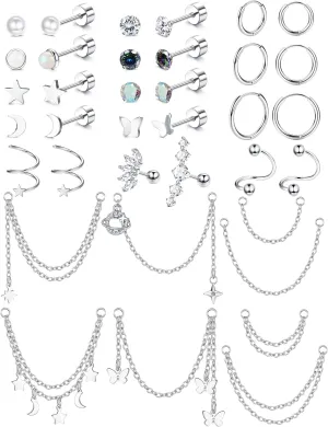 YADOCA 20G Hypoallergenic Helix Earrings For Women Surgical Steel Helix Piercing Jewelry Flat Back Stud Earrings Small Hoop Earrings Dangle with Chain Cartilage Helix Tragus Piercing Jewelry