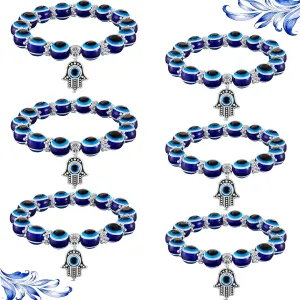 Yaomiao 6 Pieces Evil Eye Bracelet Hamsa Beaded Charm Stretch Bracelet Hand of Fatima Turkish Lucky Evil Eye Bracelet for Protection and Blessing