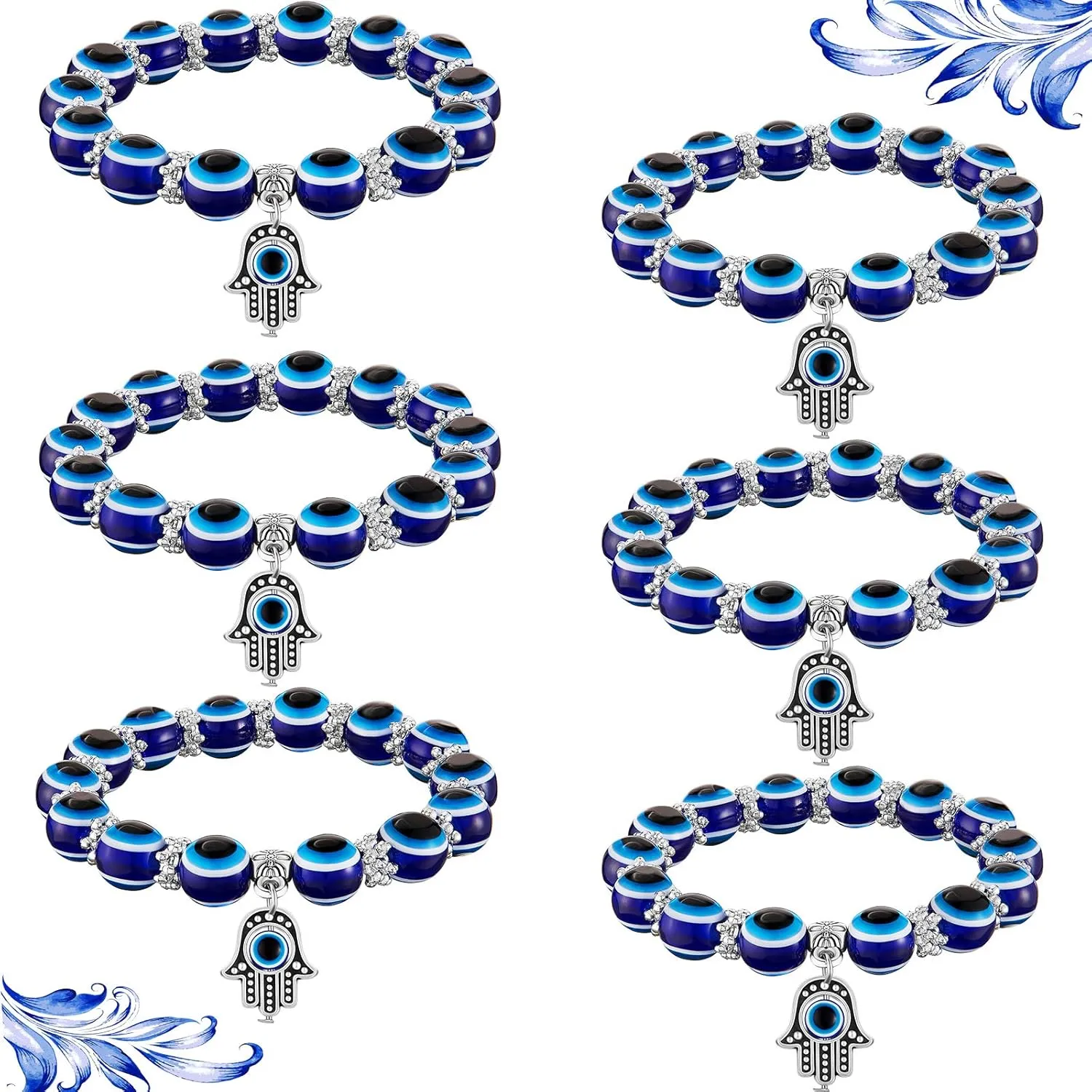 Yaomiao 6 Pieces Evil Eye Bracelet Hamsa Beaded Charm Stretch Bracelet Hand of Fatima Turkish Lucky Evil Eye Bracelet for Protection and Blessing