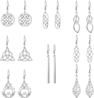 Yaomiao 8 Pairs Celtic Knot Dangle Earrings Silver Knot Drop Earrings Hook Earrings