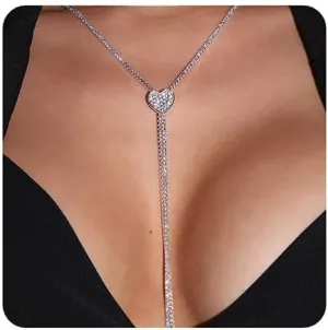 YERTTER Silver Sparkly Full Rhinestone Chain Choker Heart Tassel Necklace Long Love Collar Necklace Statement Choker Necklace for Party Music Bar Women (Silver 2)