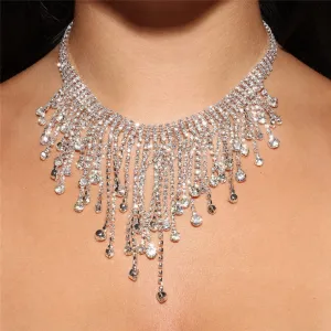 YERTTER Sparkle Silver Full Tennis Rhinestone Fringe Chain Adjustable Collar Luxury Tassel Crystal Statement Clavicle Choker Necklace for Wedding Women Girls Silver 3