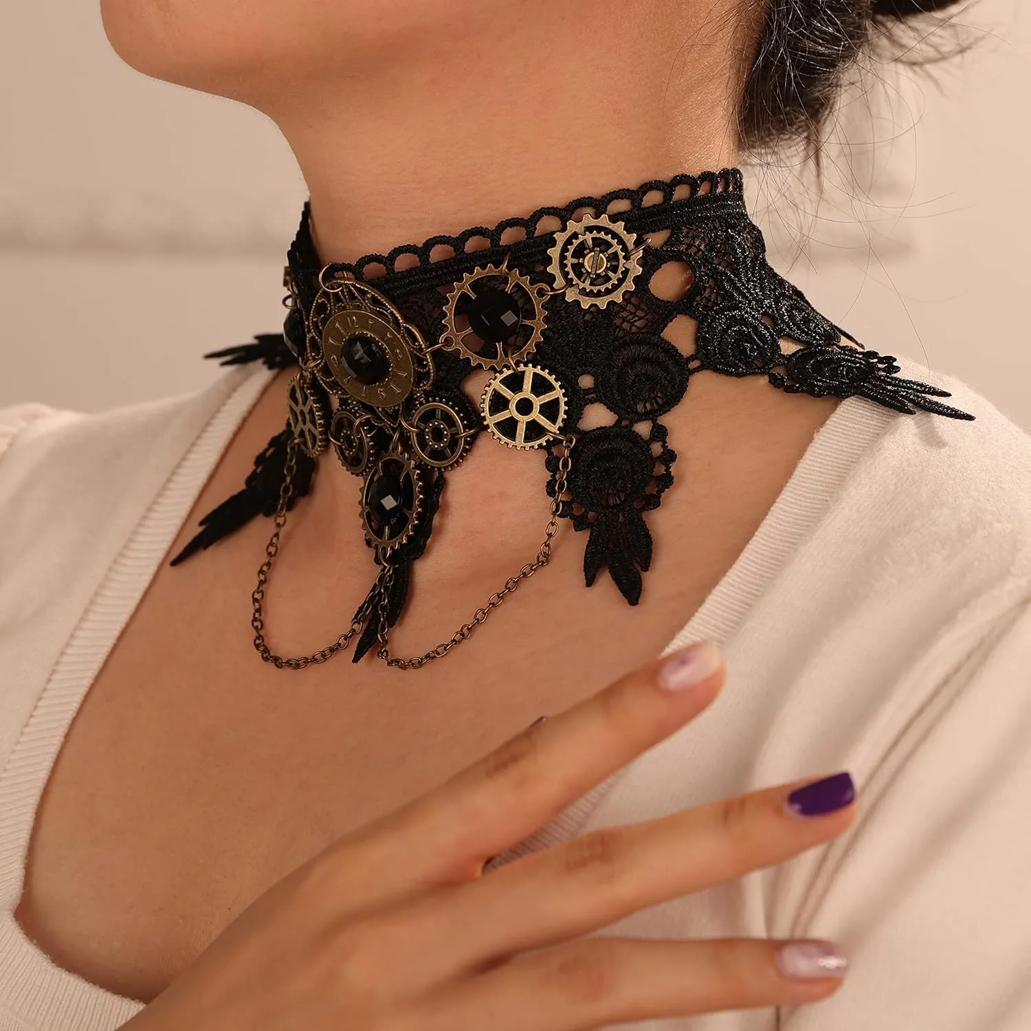 YERTTER Vintage Steam Punk Black Lace Halloween Cog Pendant Crystal Gear Charms Clock Choker Necklace Gothic Necklace for Women