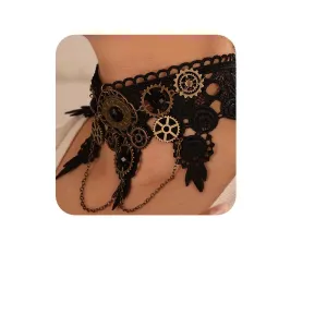 YERTTER Vintage Steam Punk Black Lace Halloween Cog Pendant Crystal Gear Charms Clock Choker Necklace Gothic Necklace for Women