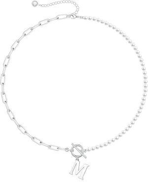 Yoosteel Pearl Initial Necklace for Women, Dainty Pearl Chain Choker Initial Necklaces for Women Toggle Clasp Paperclip Link Chain Gold Necklace Jewelry Gifts
