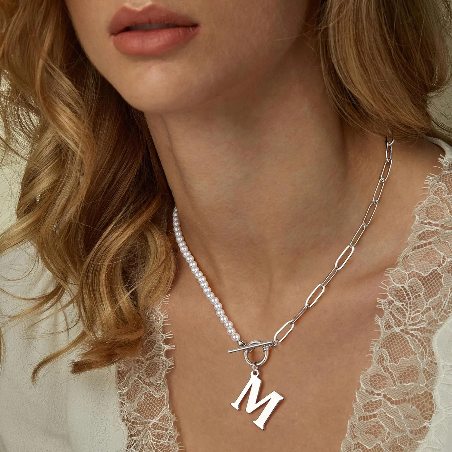 Yoosteel Pearl Initial Necklace for Women, Dainty Pearl Chain Choker Initial Necklaces for Women Toggle Clasp Paperclip Link Chain Gold Necklace Jewelry Gifts
