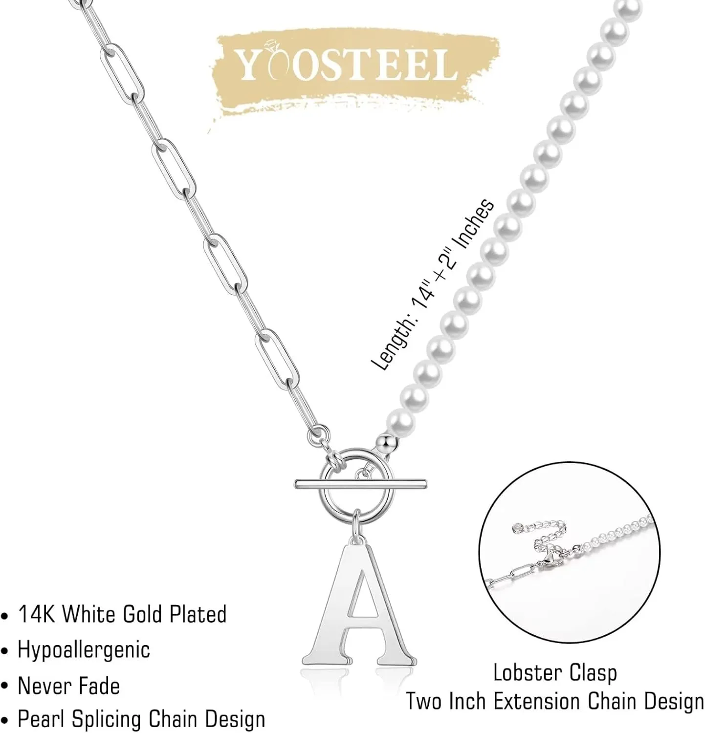 Yoosteel Pearl Initial Necklace for Women, Dainty Pearl Chain Choker Initial Necklaces for Women Toggle Clasp Paperclip Link Chain Gold Necklace Jewelry Gifts