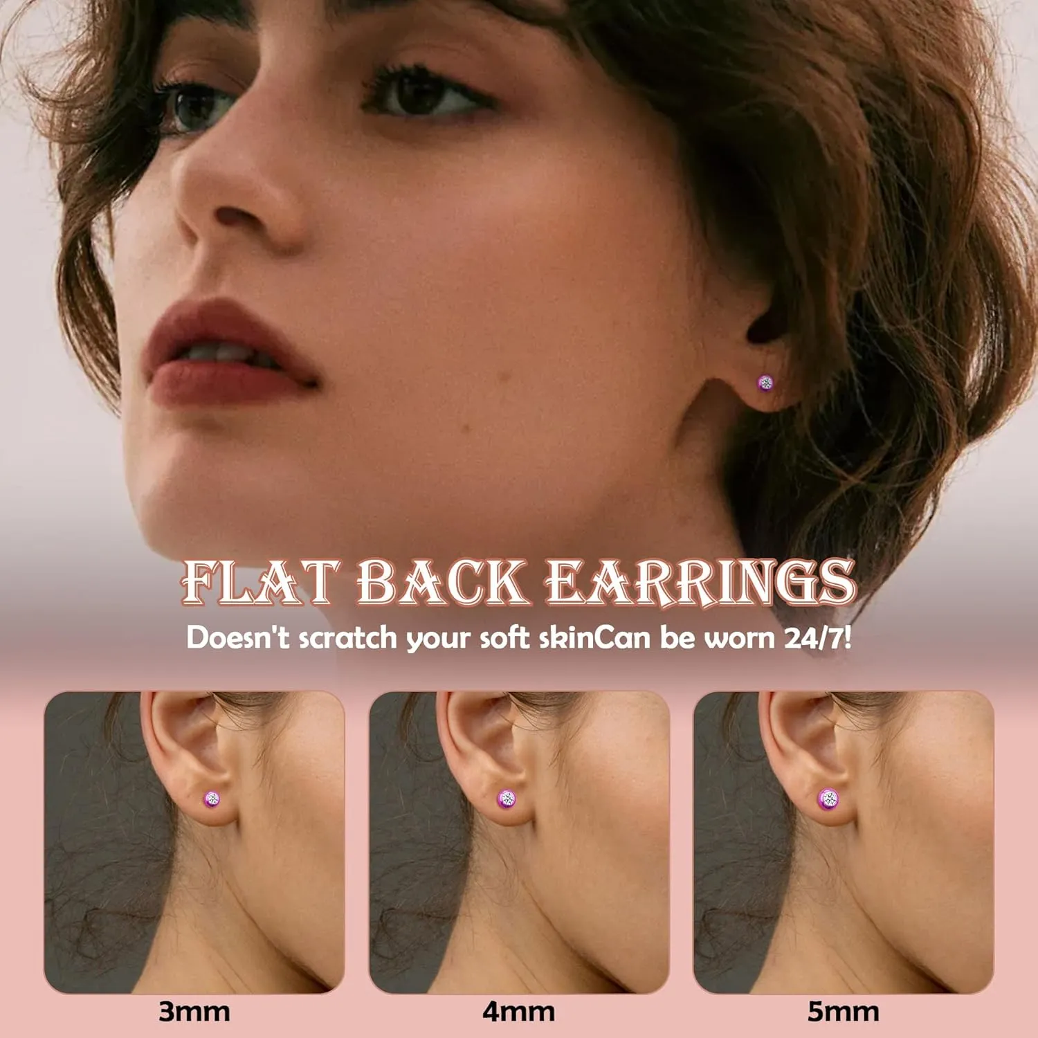 ZDE Titanium Women Flatback Earrings for Women Crystal Pink Stud Earrings Flat Back Earrings Hypoallergenic Cartilage Earring Helix Tragus Conch Piercing 3mm-5mm