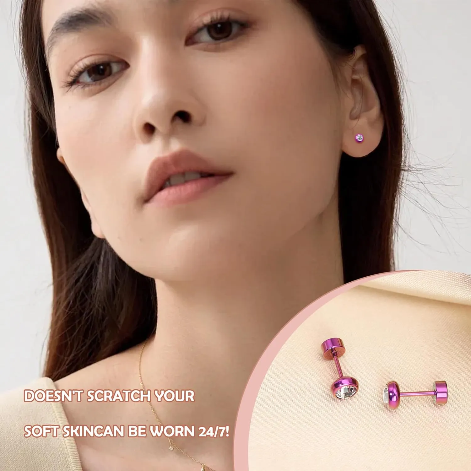 ZDE Titanium Women Flatback Earrings for Women Crystal Pink Stud Earrings Flat Back Earrings Hypoallergenic Cartilage Earring Helix Tragus Conch Piercing 3mm-5mm