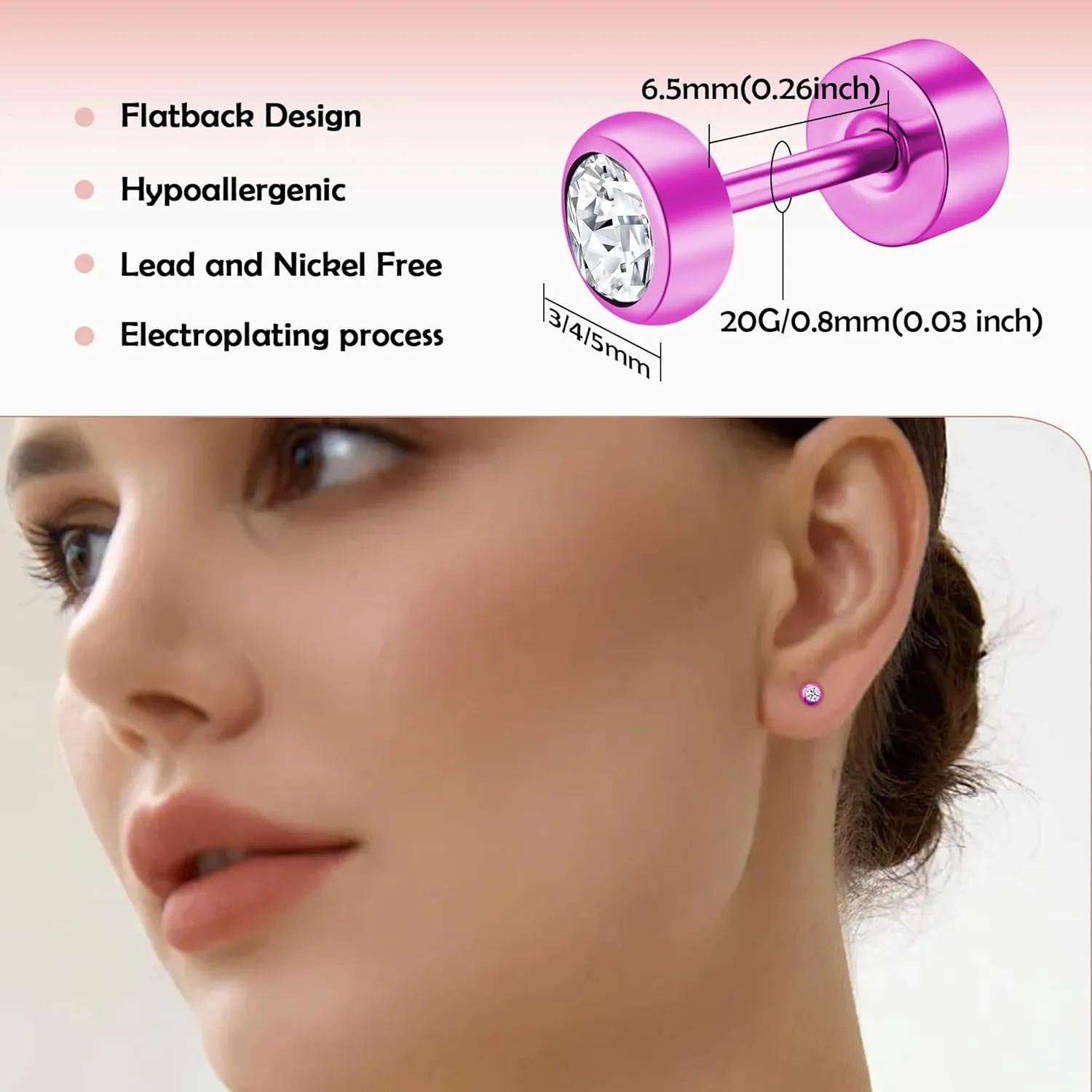 ZDE Titanium Women Flatback Earrings for Women Crystal Pink Stud Earrings Flat Back Earrings Hypoallergenic Cartilage Earring Helix Tragus Conch Piercing 3mm-5mm